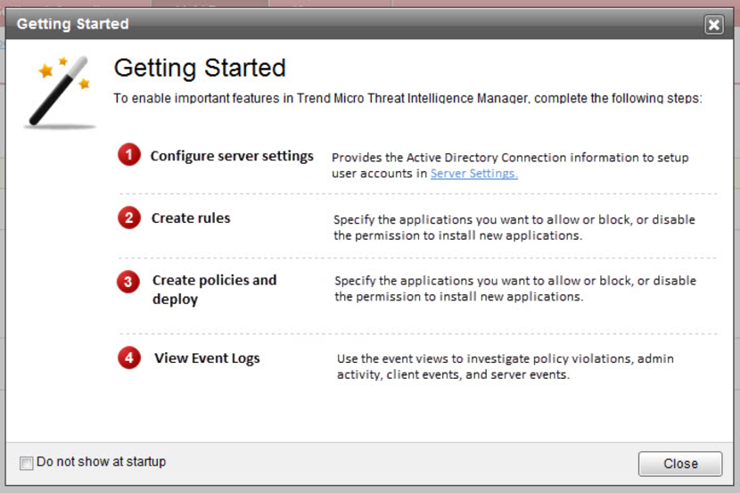 Getting Started guide: configure server settings, create rules, create and deploy policies, view event logs