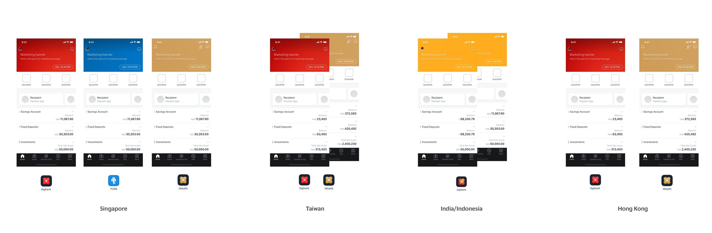 The same digibank home screen design adapted for Singapore, Taiwan, India/Indonesia and Hong Kong