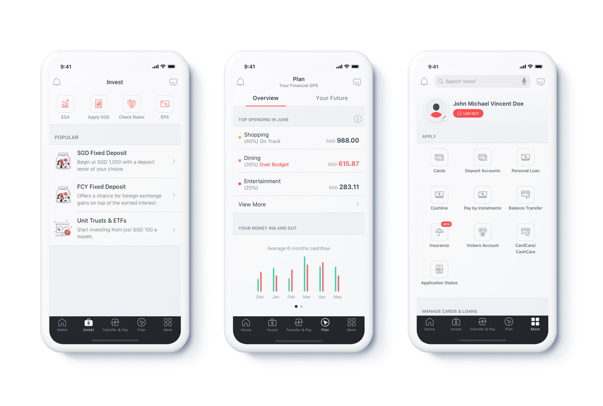 Invest, Plan and More tabs, which lead customers to investments, spending insights and product applications