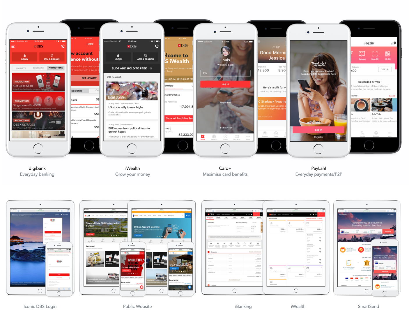 DBS digital products across channels, including digibank, iWealth, Card+, PayLah!, iBanking and the public website