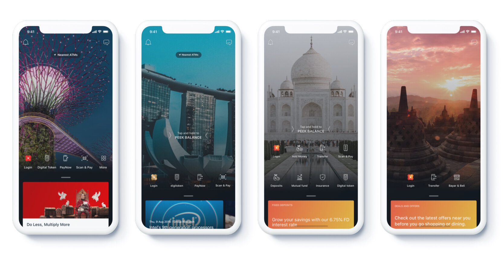 Pre-login screens of DBS apps for different markets, built with the shared Design Language System