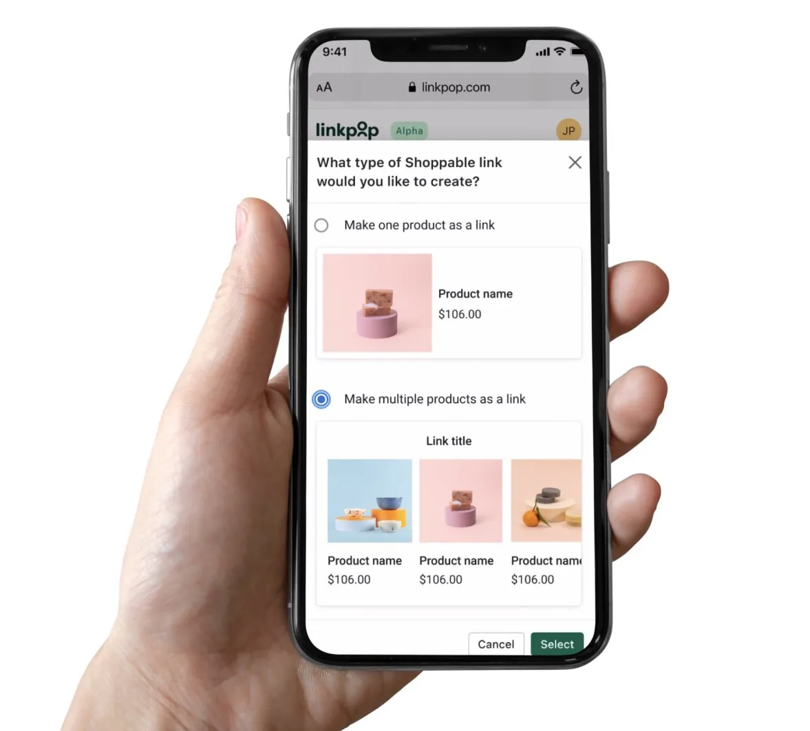 Linkpop case study: creating a shoppable link with one or multiple products, shown on an iPhone