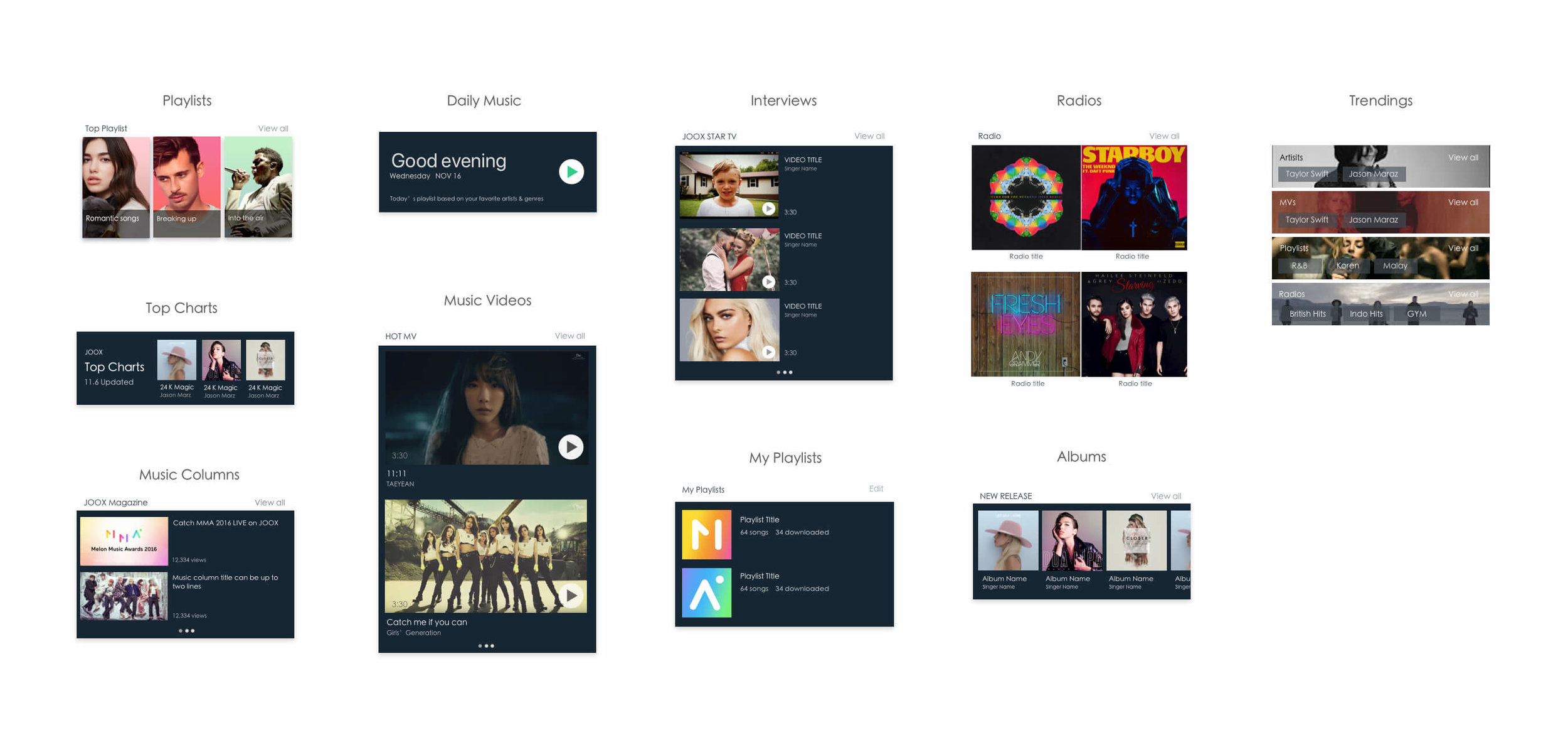 Content components for playlists, daily music, charts, music videos, interviews, radios, albums and trending