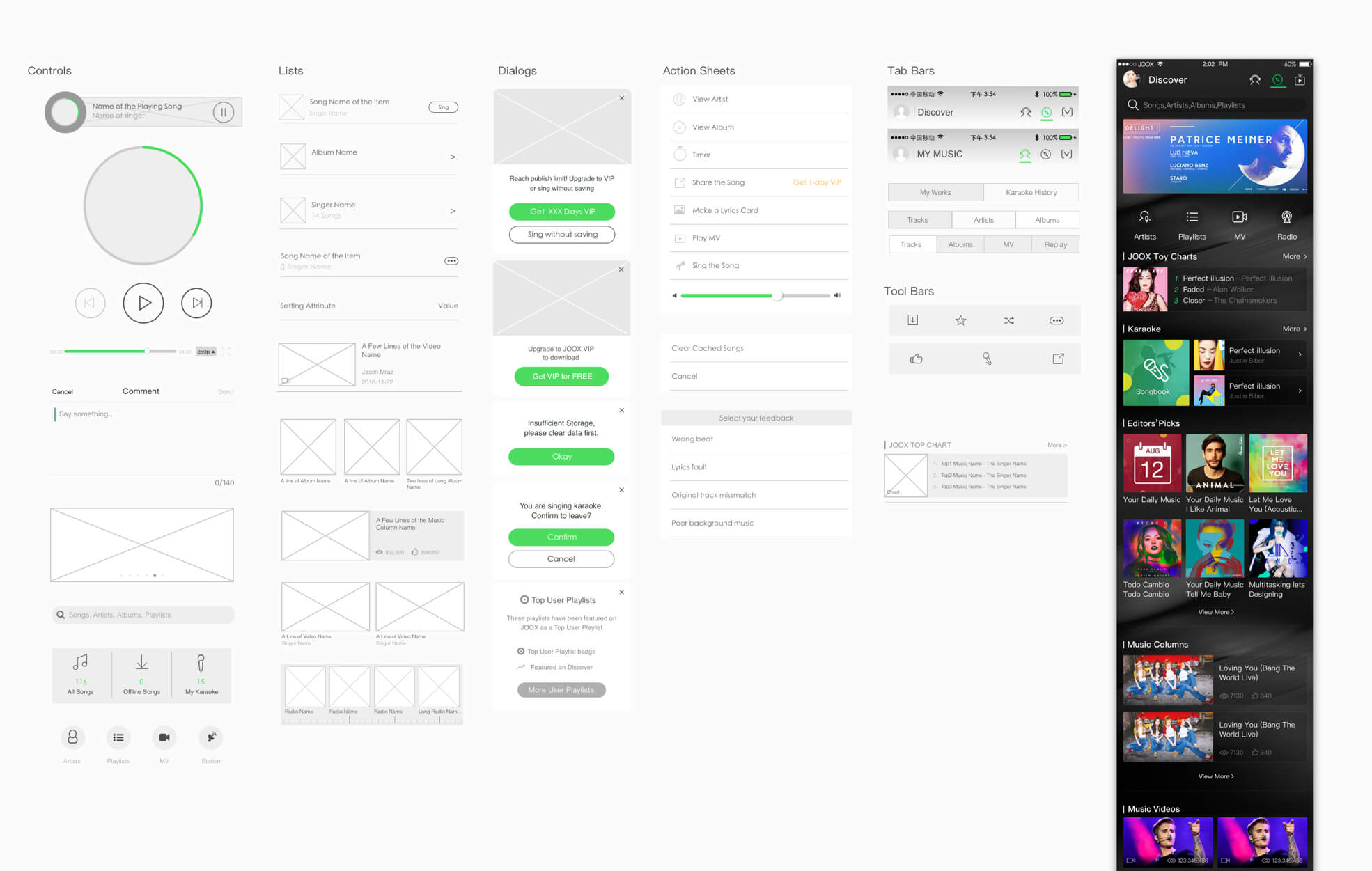 JOOX UI library of controls, lists, dialogs, action sheets and tab bars, used from wireframes to visual design