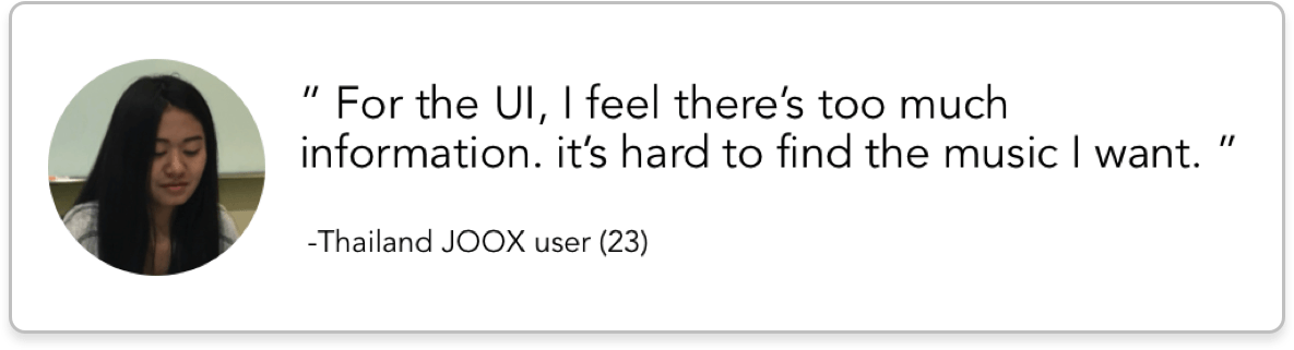 Quote from a 23-year-old JOOX user in Thailand: there's too much information and it's hard to find the music I want