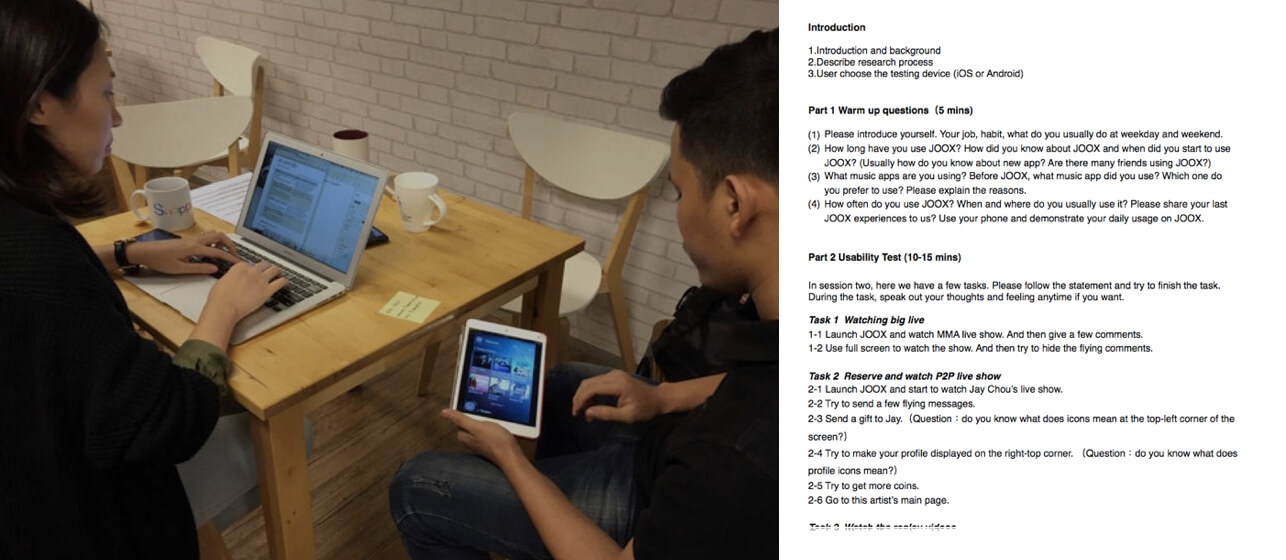 Usability test session with a JOOX user, next to the test script with warm-up questions and tasks