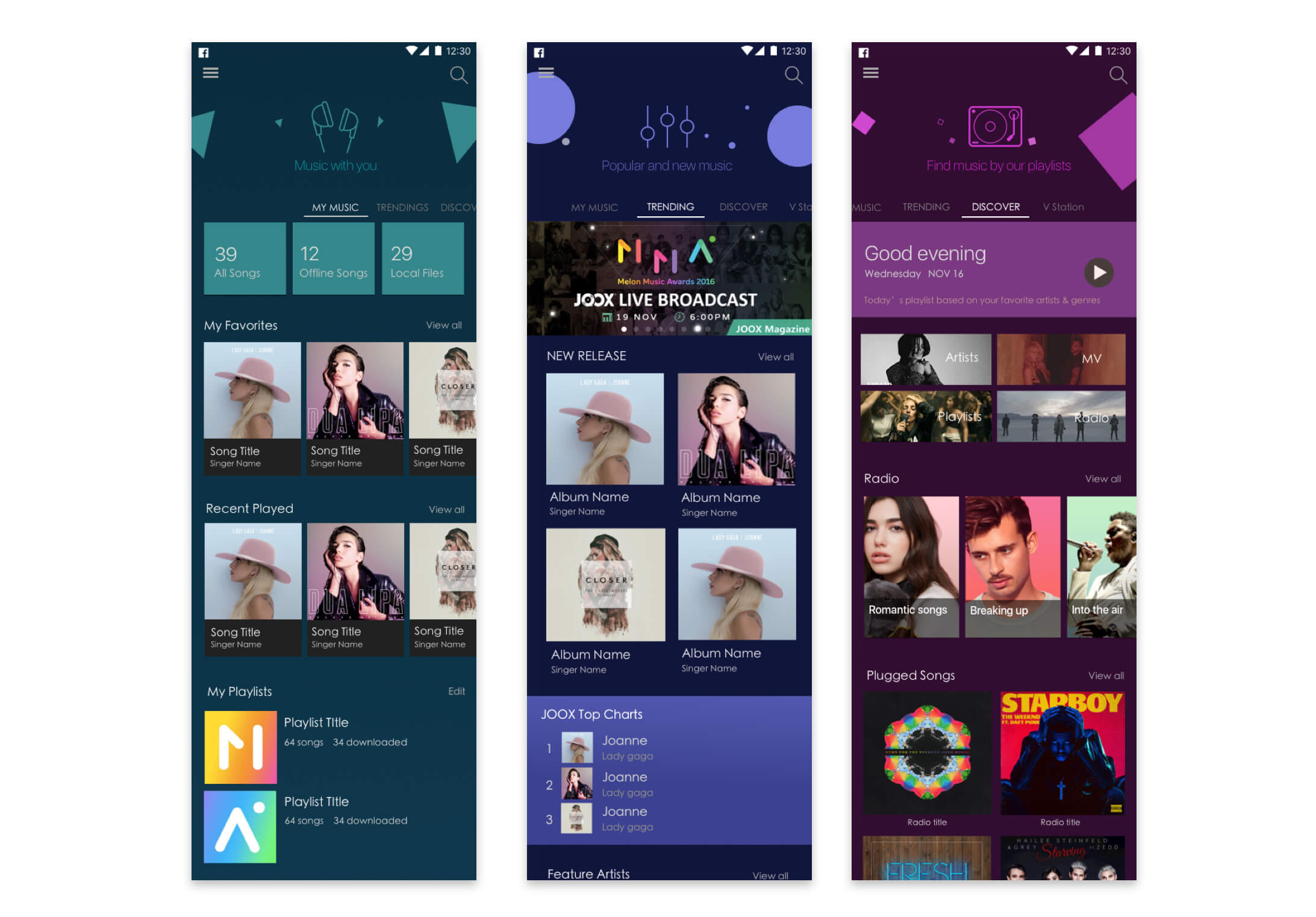 Alternative visual designs of the My Music, Trending and Discover pages with illustrated headers
