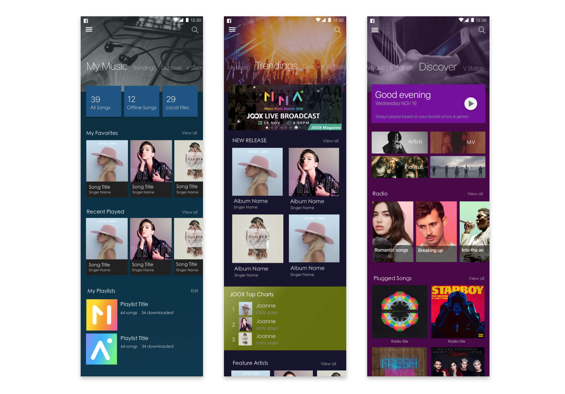 Visual designs of the My Music, Trending and Discover pages with immersive top images