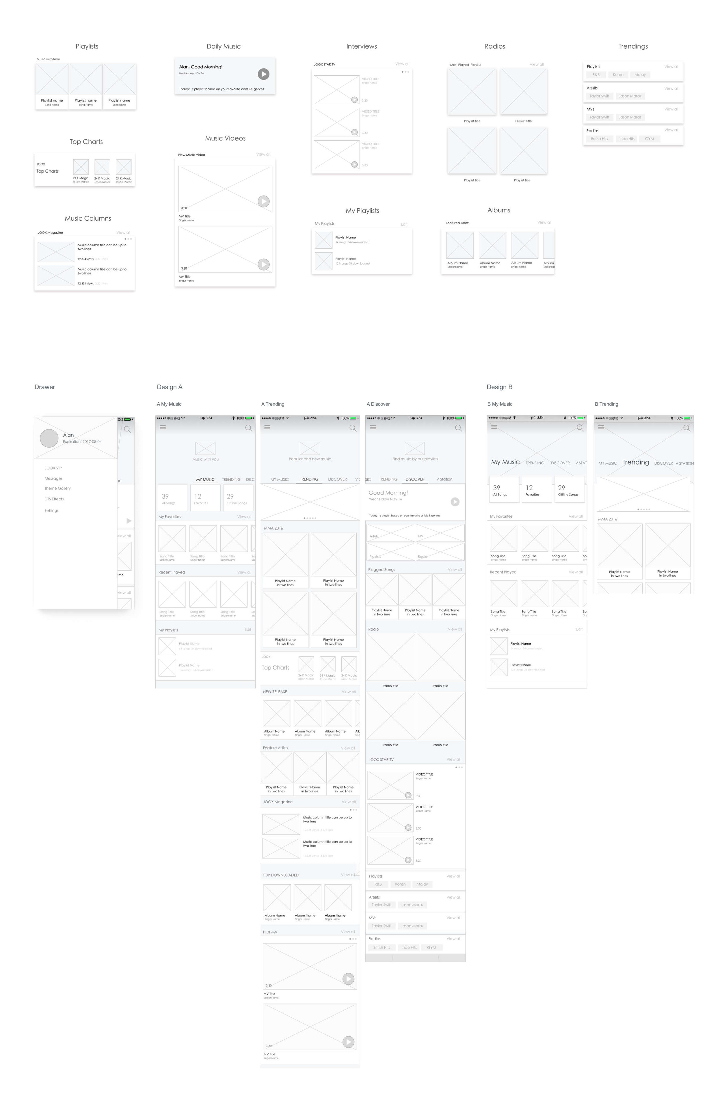 Wireframes of the new JOOX Android pages and content components