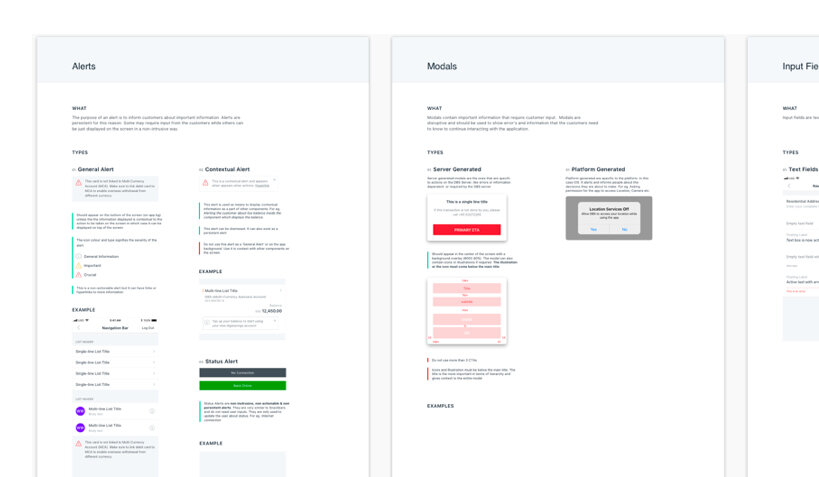 Design Library pages documenting alert and modal components