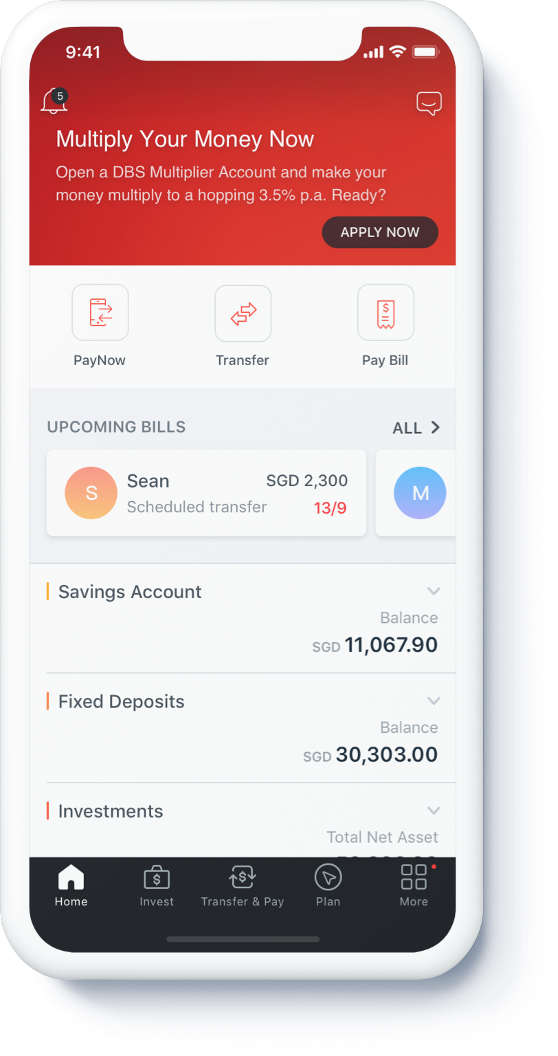 New digibank home screen with PayNow, Transfer and Pay Bill shortcuts, upcoming bills and account balances