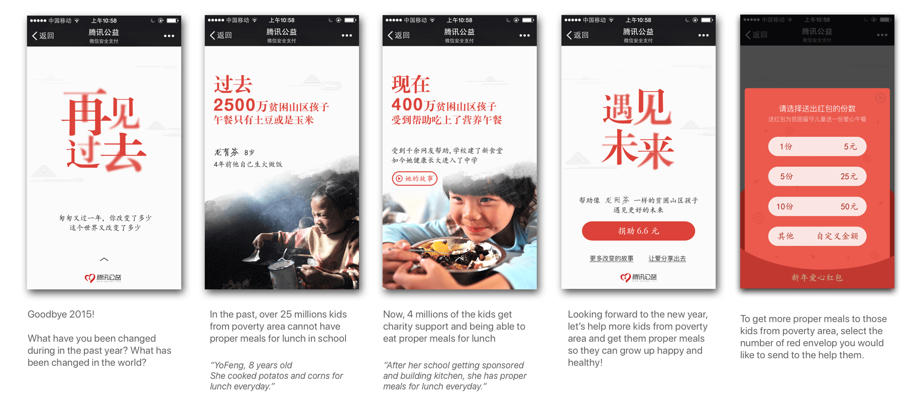 Chinese New Year campaign pages contrasting children's lives before and after charity support