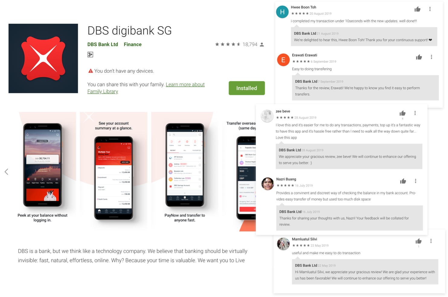 DBS digibank SG on Google Play with user reviews and the bank's replies