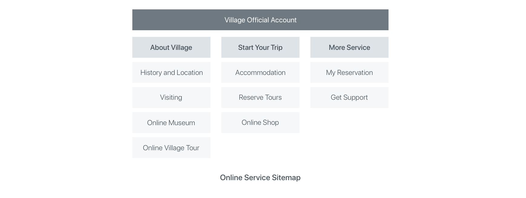 Sitemap of the village's WeChat official account: About Village, Start Your Trip and More Service