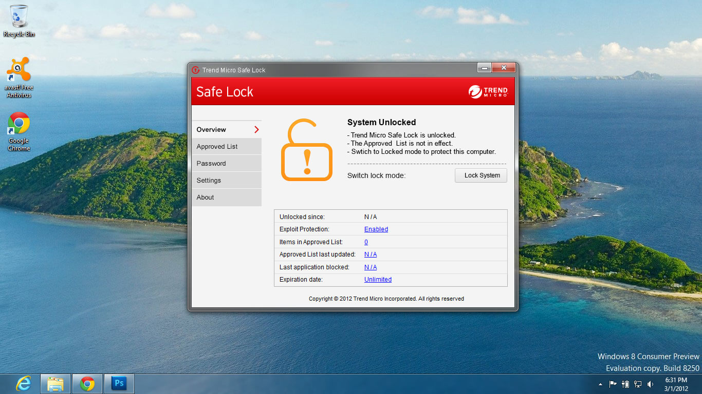 Safe Lock client console on a Windows desktop, showing the system unlocked