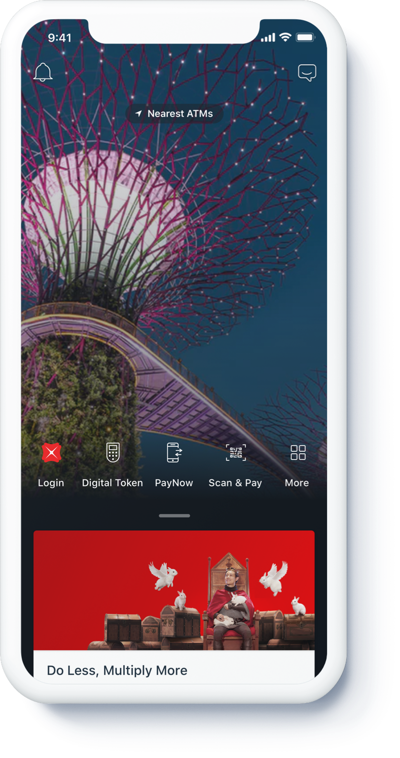 New digibank pre-login screen with quick access to Login, Digital Token, PayNow, Scan & Pay and nearest ATMs